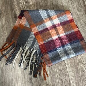 Joy SUSAN Plaid Fringe XL Scarf in Gray Orange Pink Blue NWOT